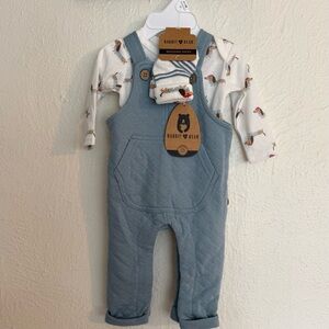 Rabbit + Bear Blue Quilted Overalls with Shirt 3 Piece Set